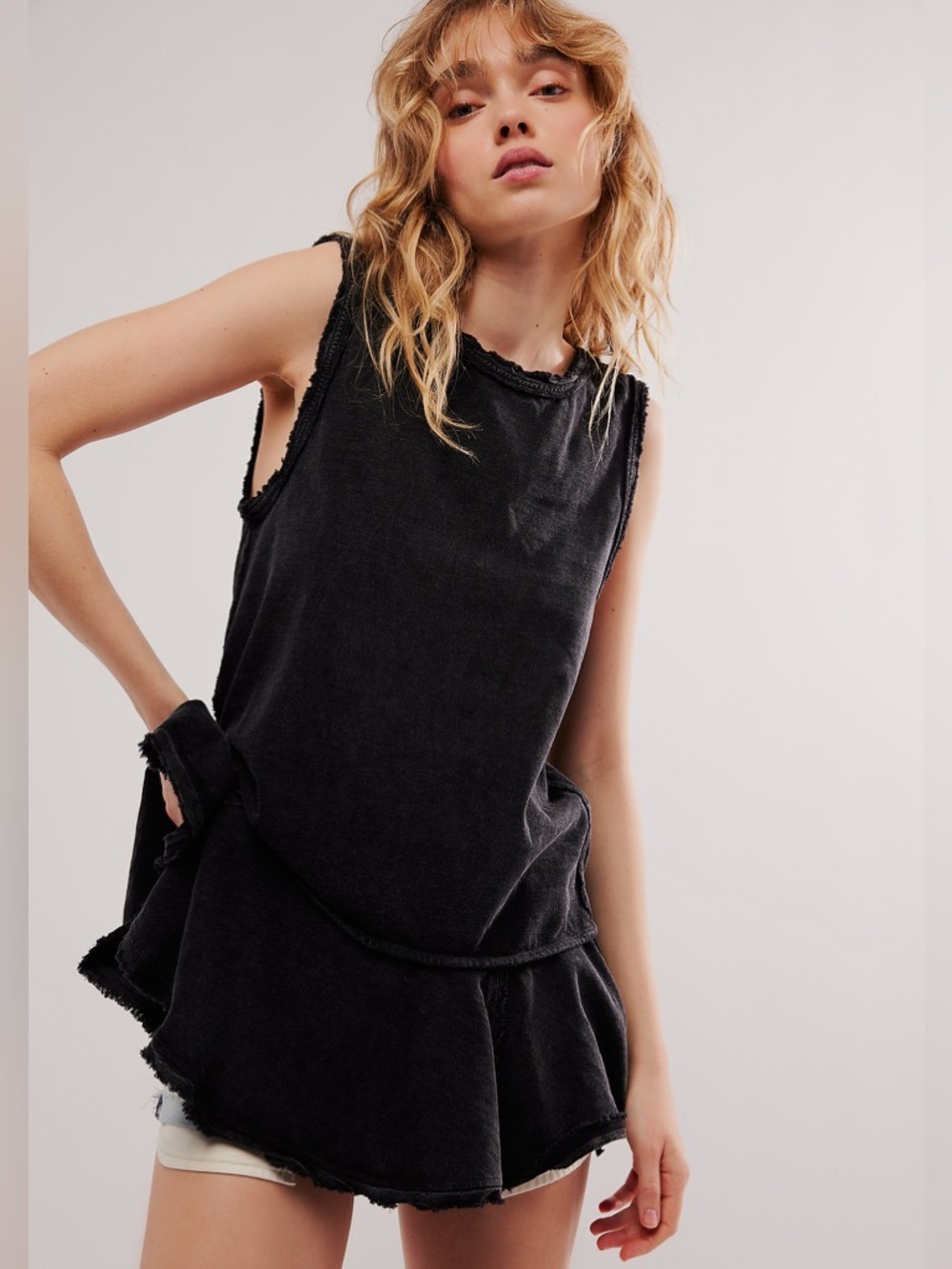 Washed Black Sleeveless Peplum Tank Top